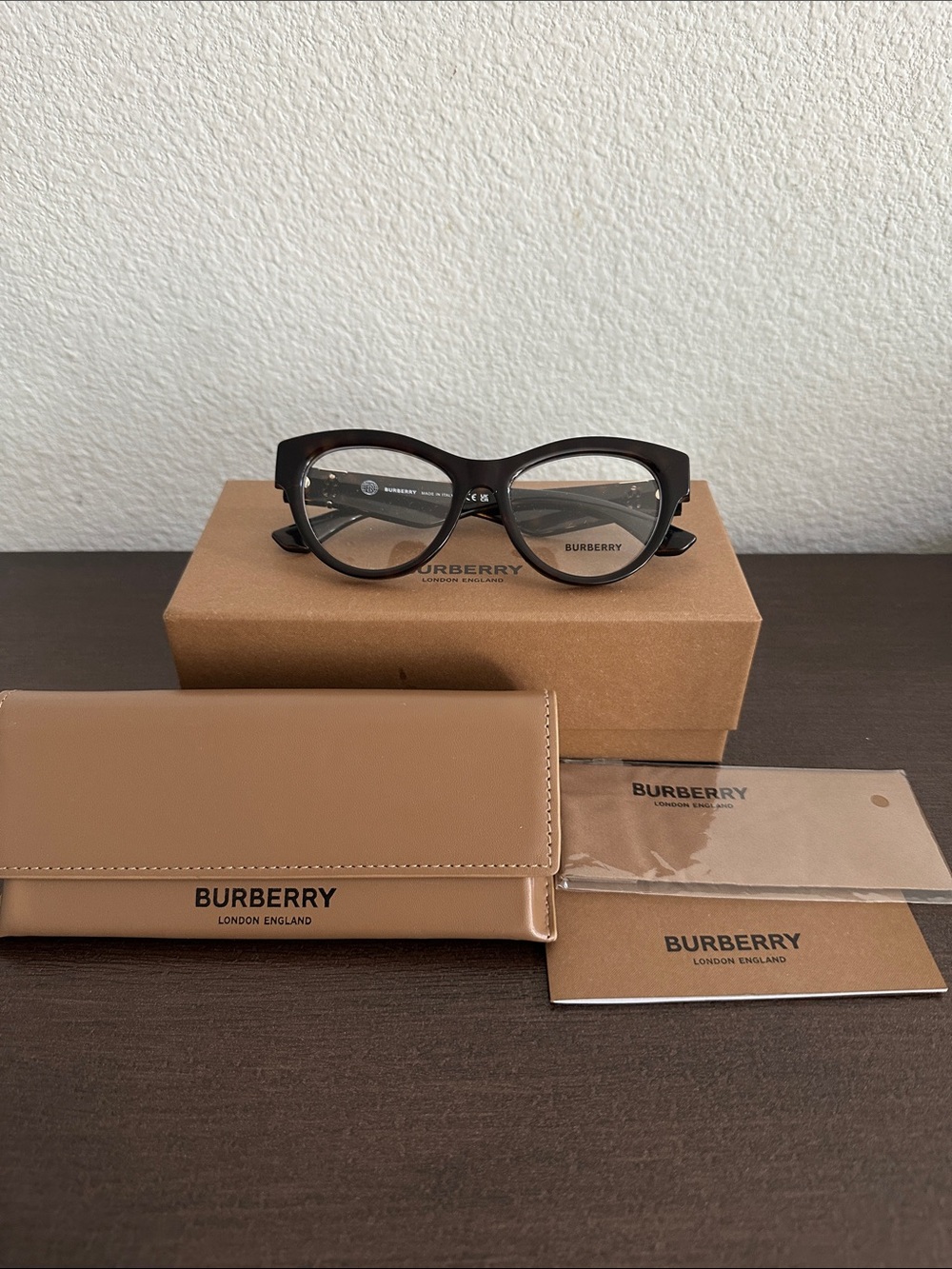 Burberry Black Rounded Cat-Eye Optical Glasses with Tan Case